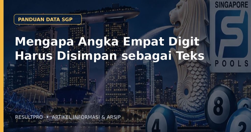 Ilustrasi artikel Mengapa Angka Empat Digit Harus Disimpan sebagai Teks dengan latar panorama Singapura dan desain data historis