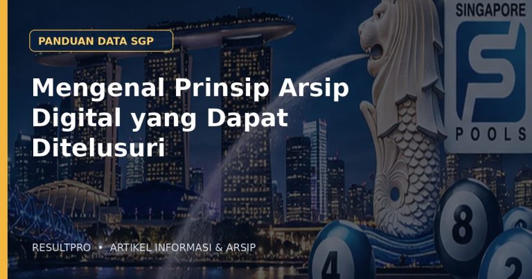 Ilustrasi artikel Mengenal Prinsip Arsip Digital yang Dapat Ditelusuri dengan latar panorama Singapura dan desain data historis